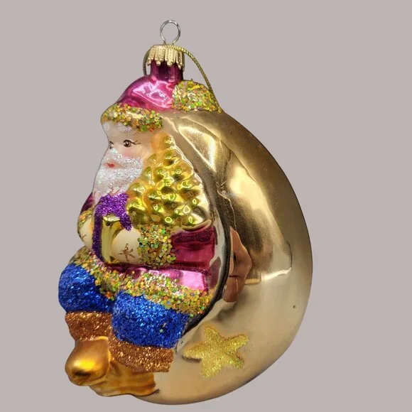 Vintage Hand Blown Glass Christmas Ornament Santa Claus On Moon Holiday Decor - Picture 3 of 7